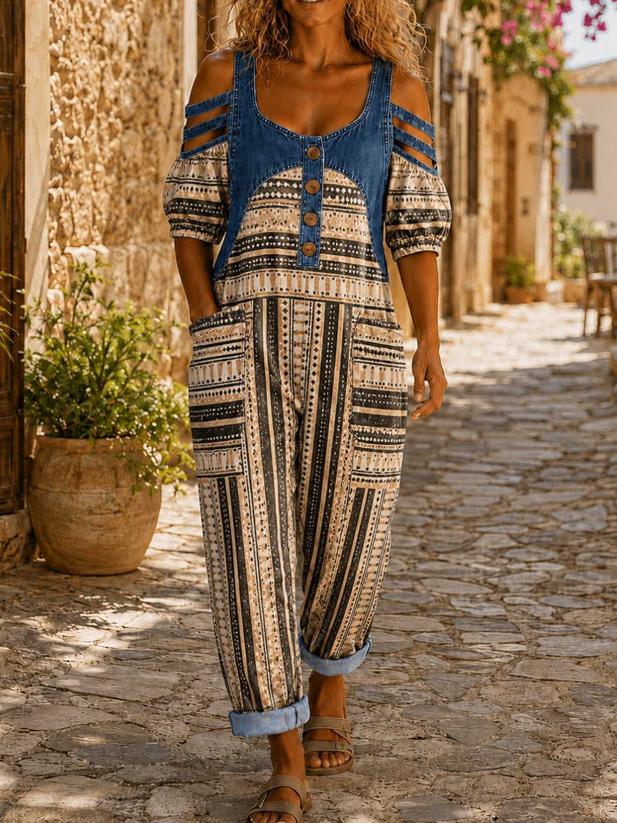 Women's Casual Short Sleeve Denim Patchwork Jumpsuit